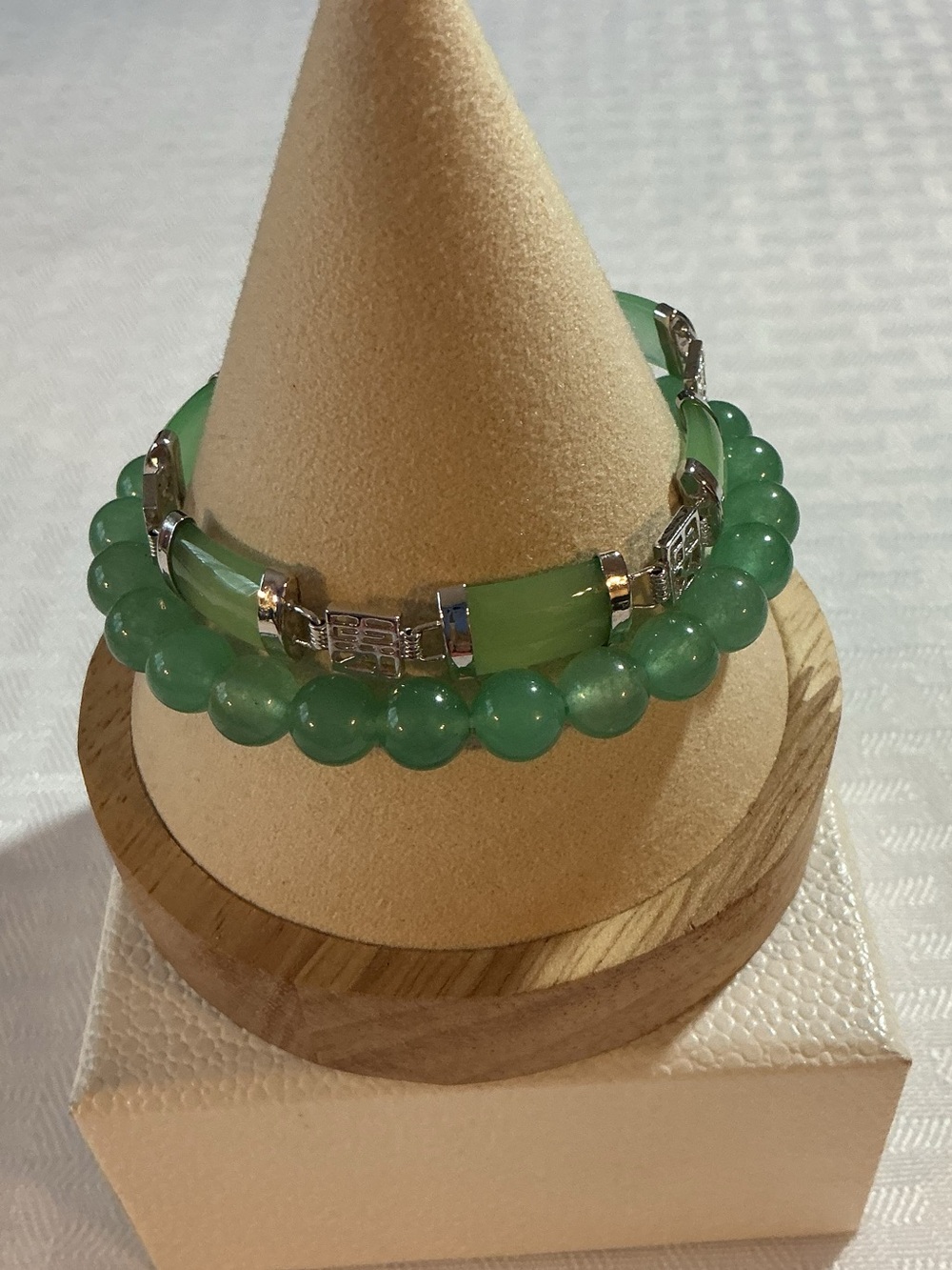 Dyed Green Quartzite Stretch and Link Silver Tone Set of Two Bracelets